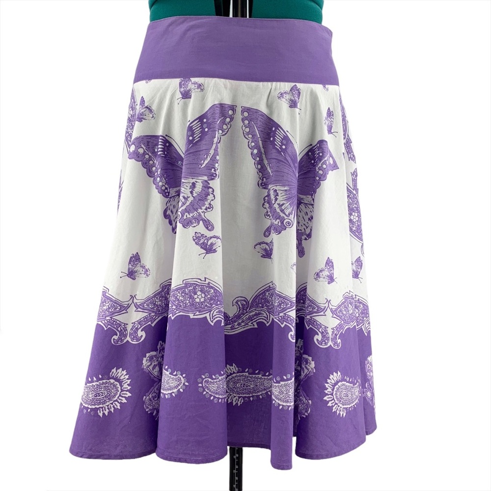 DKR & Co Purple and White Cotton Paisley Butterfly Patterned Circle Skirt, Large